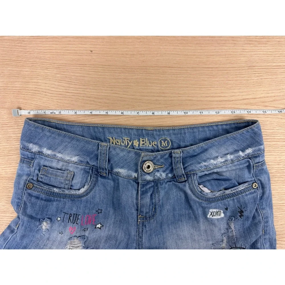 Naughty Blue Denim Shorts Medium Distressed Graphic Light Wash‎ Juniors